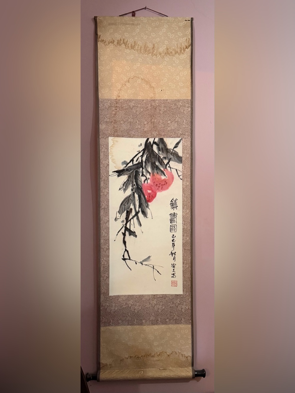 Handpainted Asian Scroll Wall Art in Beige with Pink Accents